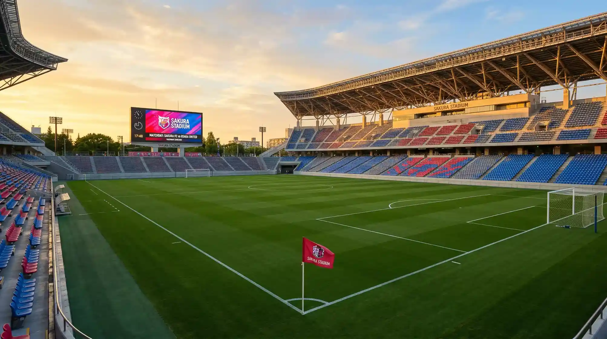 Estadio de fútbol japonés preparado para un partido del torneo de transición de la J-League 2026