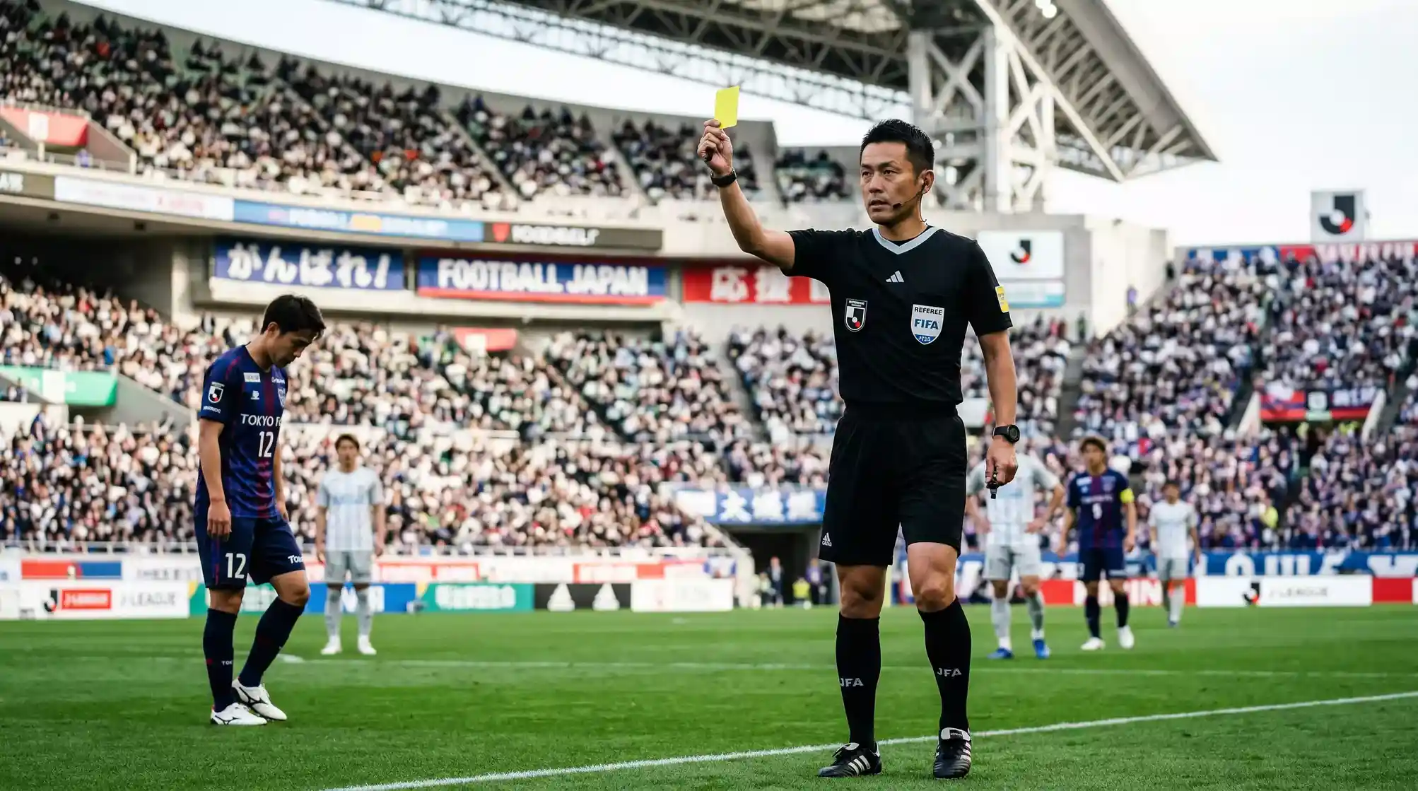 Árbitro de fútbol mostrando tarjeta durante un partido oficial en un estadio japonés