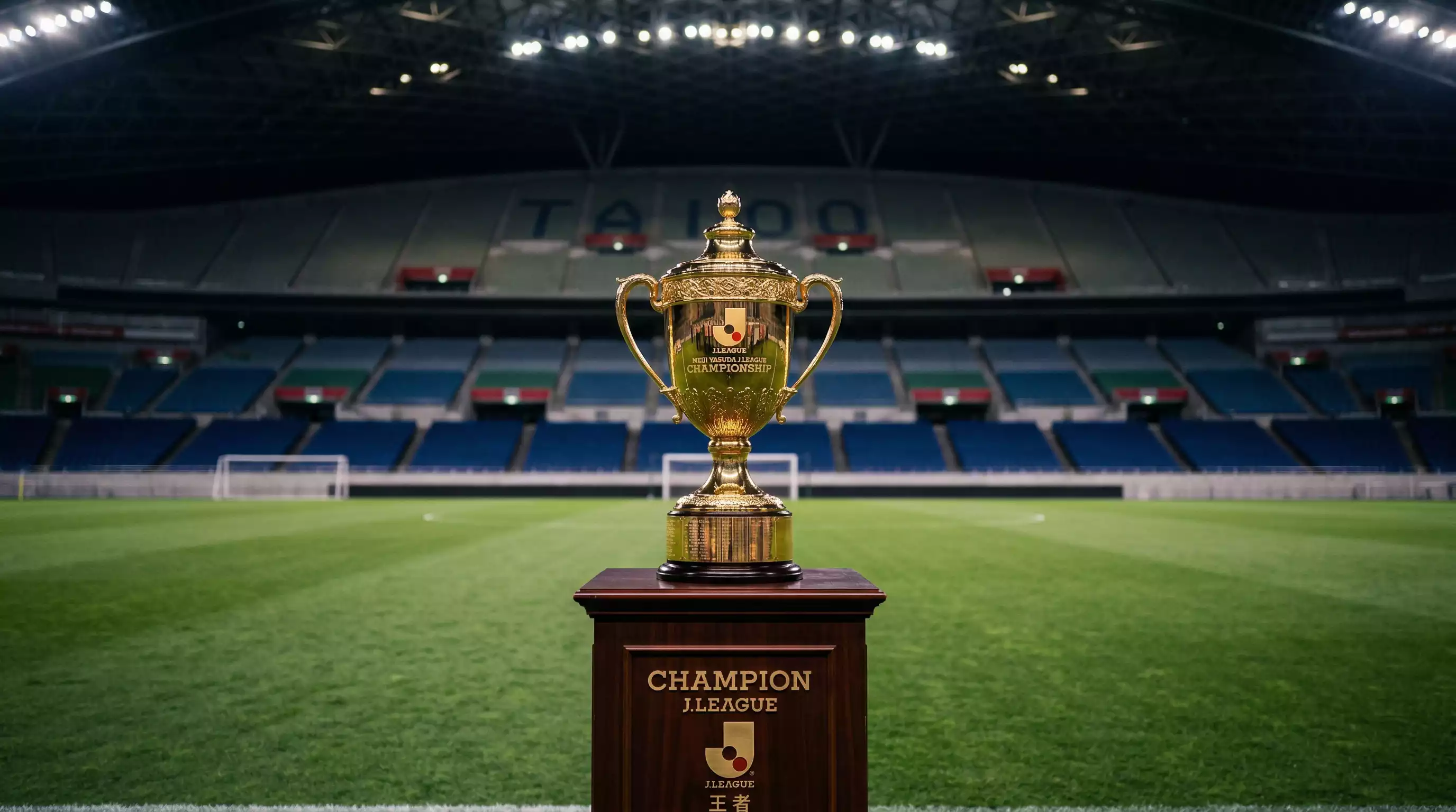 Trofeo de campeón de la J-League sobre un podio en un estadio de fútbol japonés