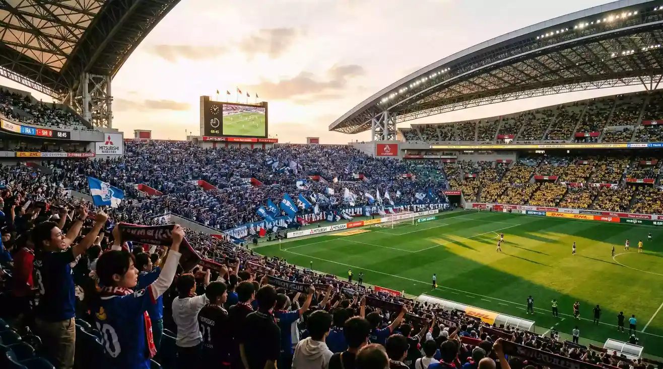 Estadio de la J-League iluminado durante un partido con aficionados en las gradas
