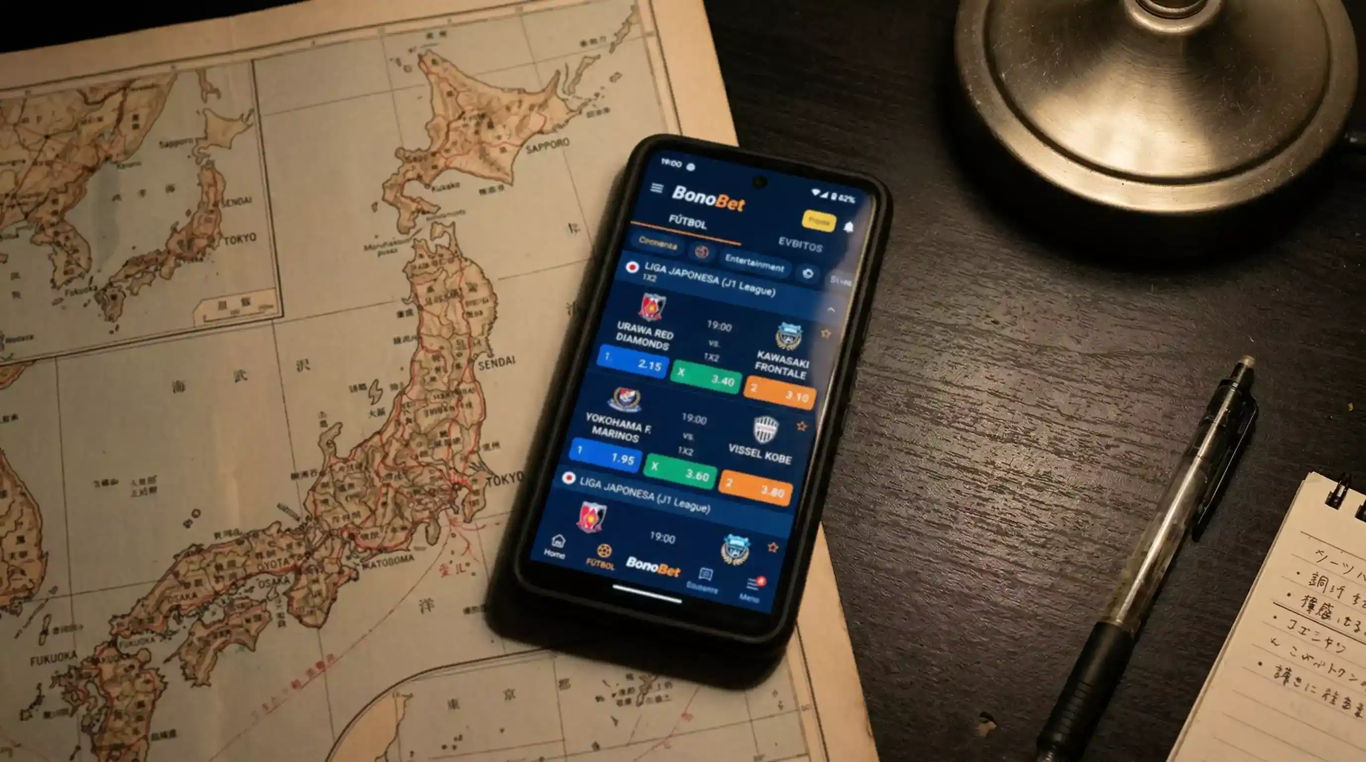 Teléfono móvil con pantalla de apuestas deportivas sobre un mapa de Japón