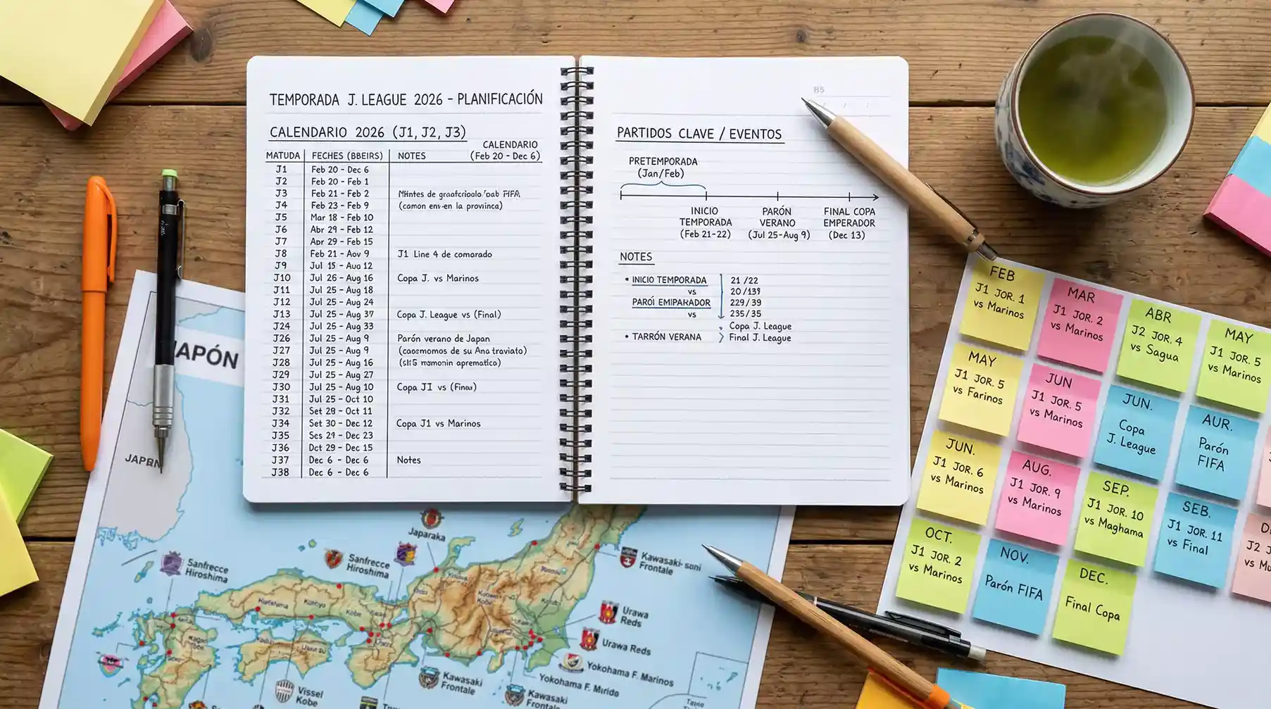 Planificación del nuevo calendario de la J-League 2026 con notas y un mapa de Japón