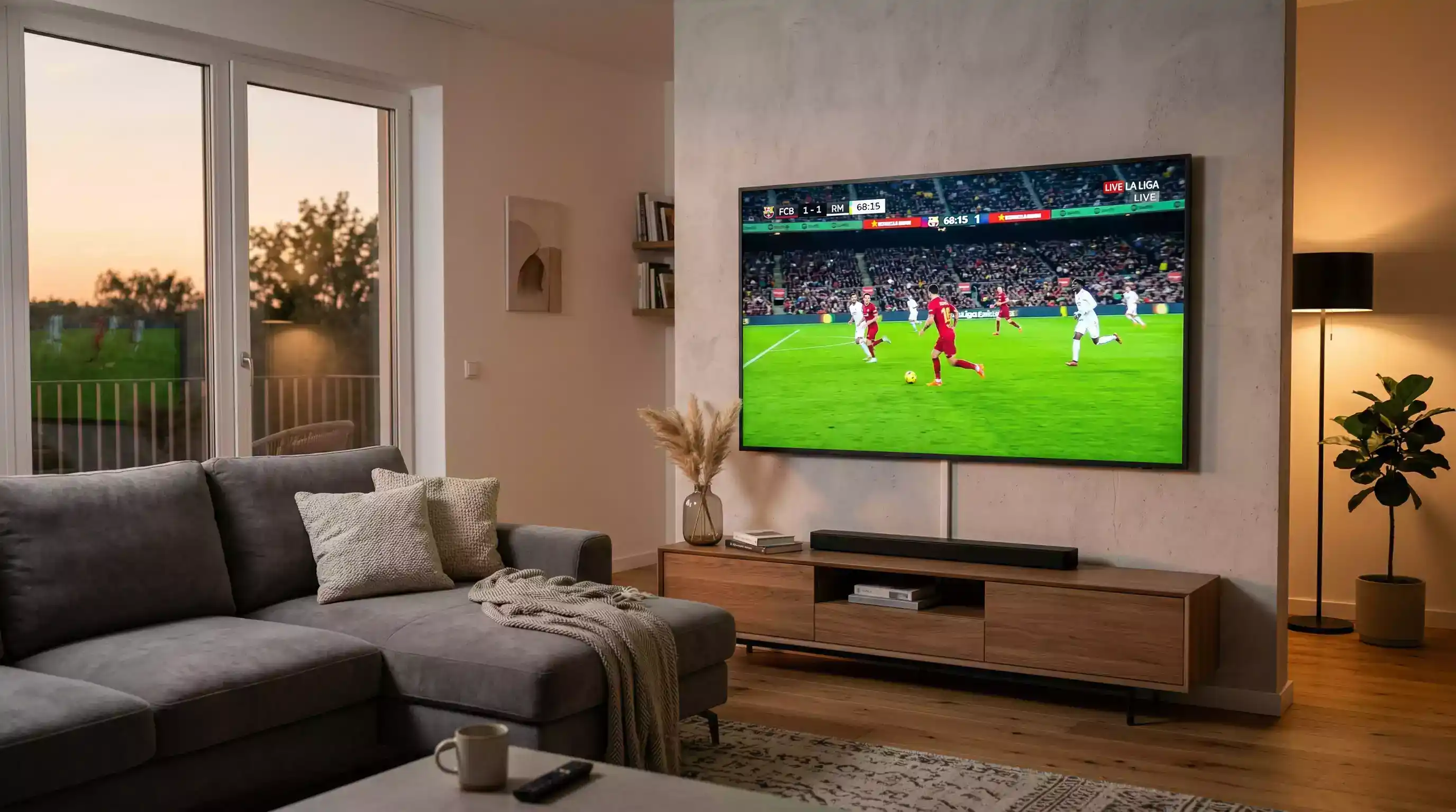Televisor de pantalla grande transmitiendo un partido de la J-League en una sala de estar