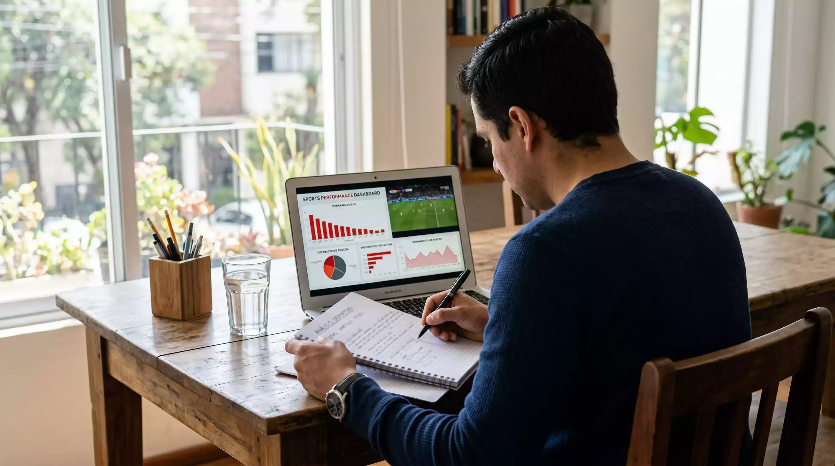 Persona analizando datos de partidos de fútbol en una pantalla con cuaderno de notas
