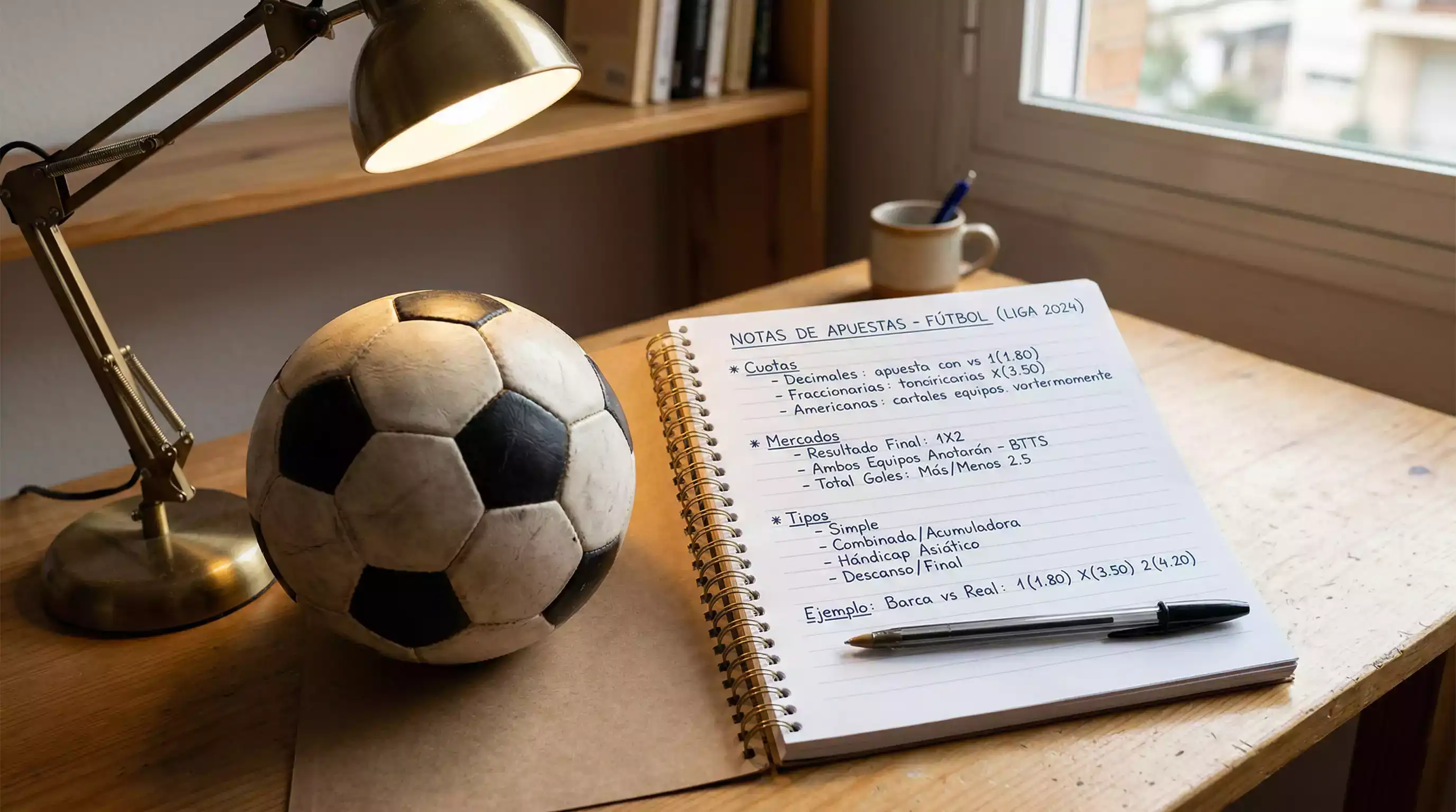 Libreta abierta con anotaciones de términos de apuestas junto a un balón de fútbol