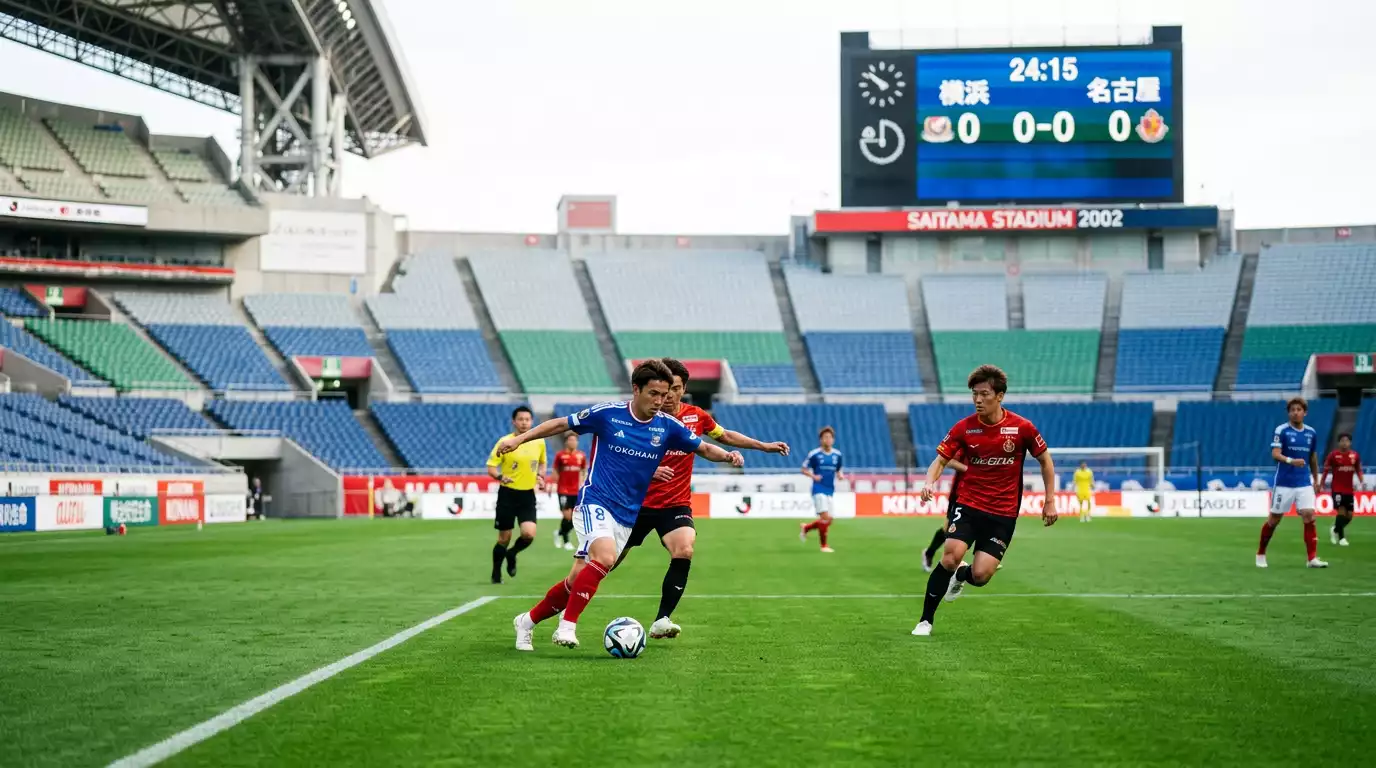 Balón de fútbol sobre césped de un estadio japonés con marcador electrónico al fondo