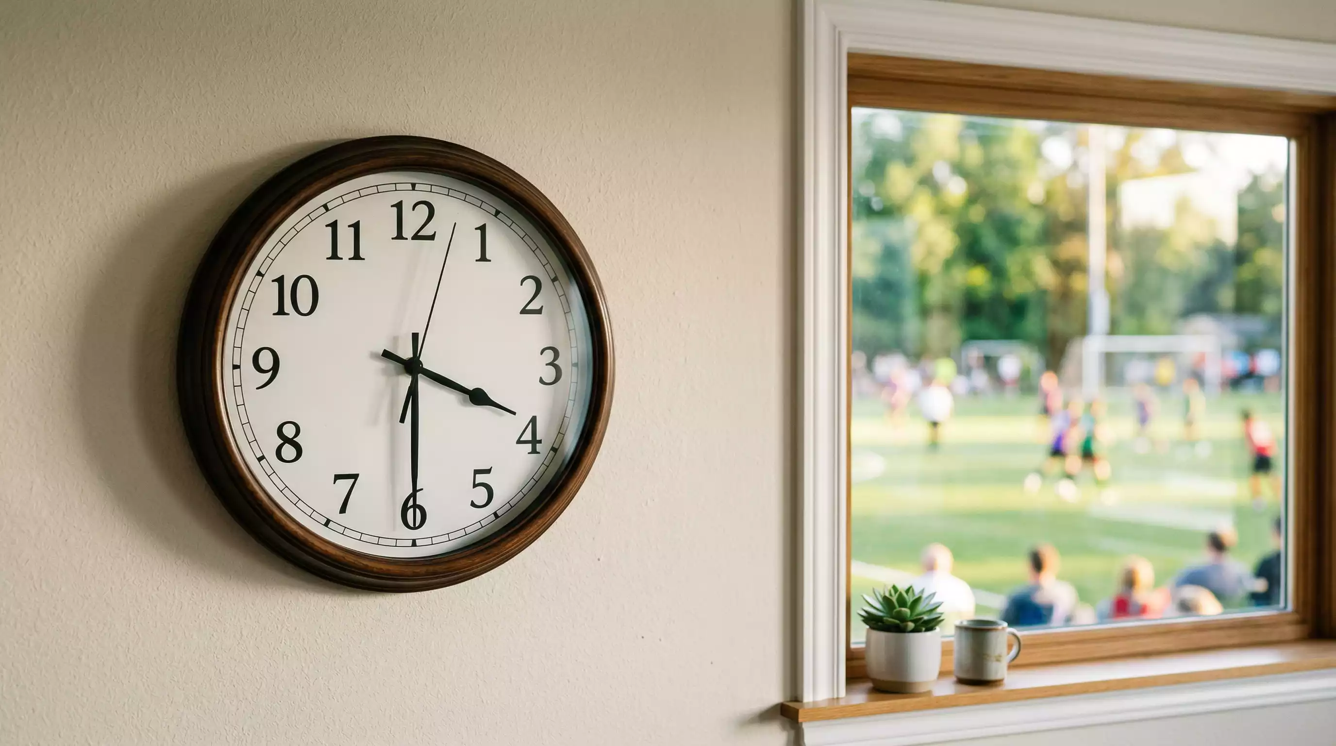 Reloj analógico con fondo de campo de fútbol japonés indicando la ventana óptima de apuestas