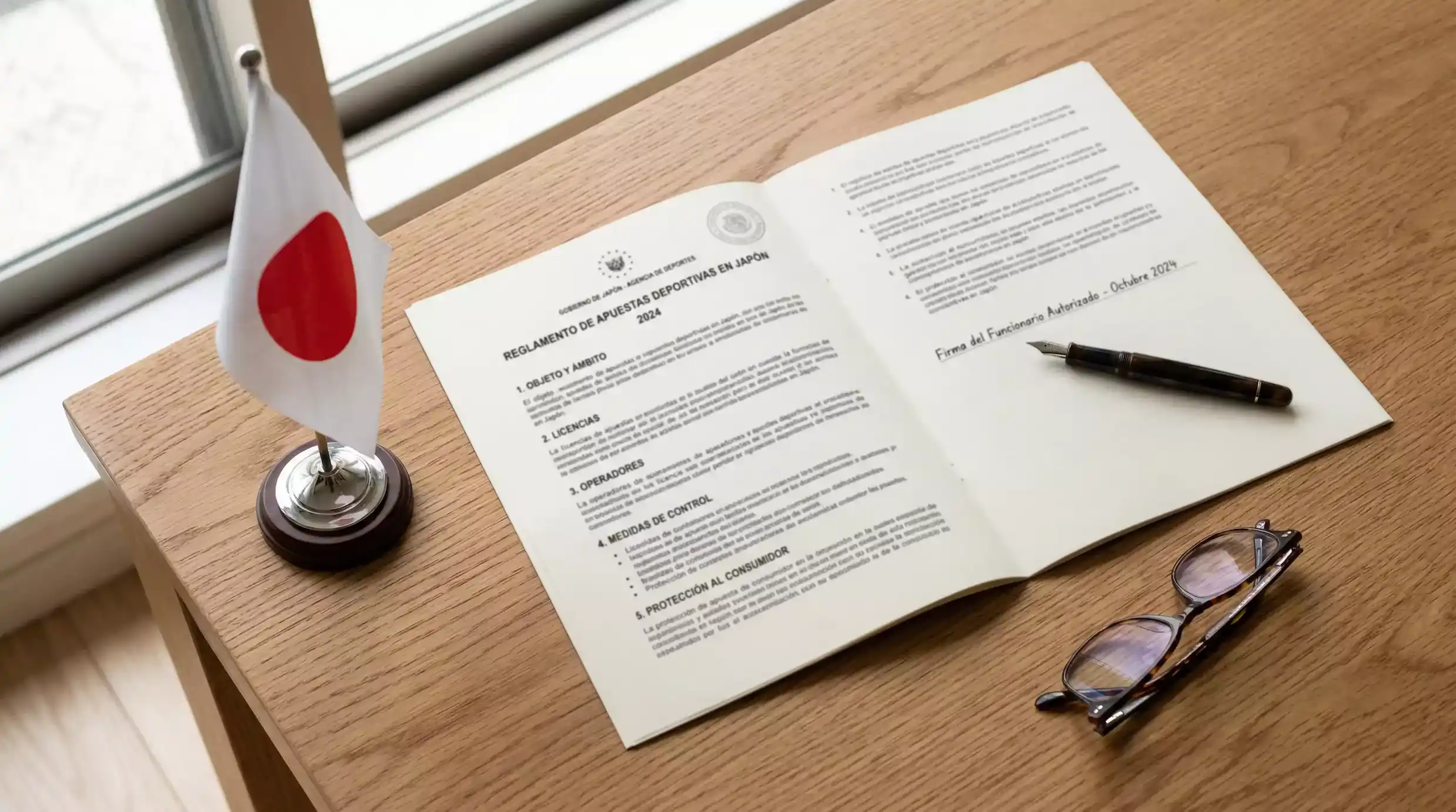 Documento legal sobre la regulación de apuestas deportivas en Japón junto a una bandera japonesa