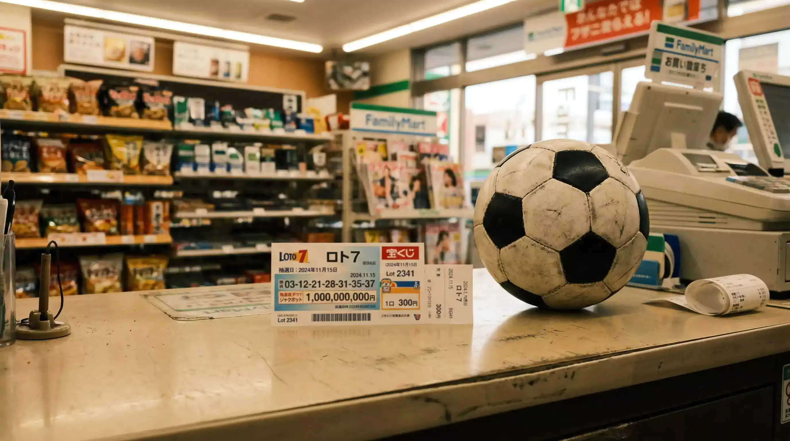 Boleto de lotería deportiva toto junto a un balón de fútbol en un mostrador de venta en Japón